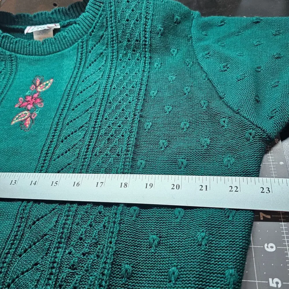 Vintage Floral Sweater Women Lg Green Paisley Knit Twee Preppy Cottage Neutral
